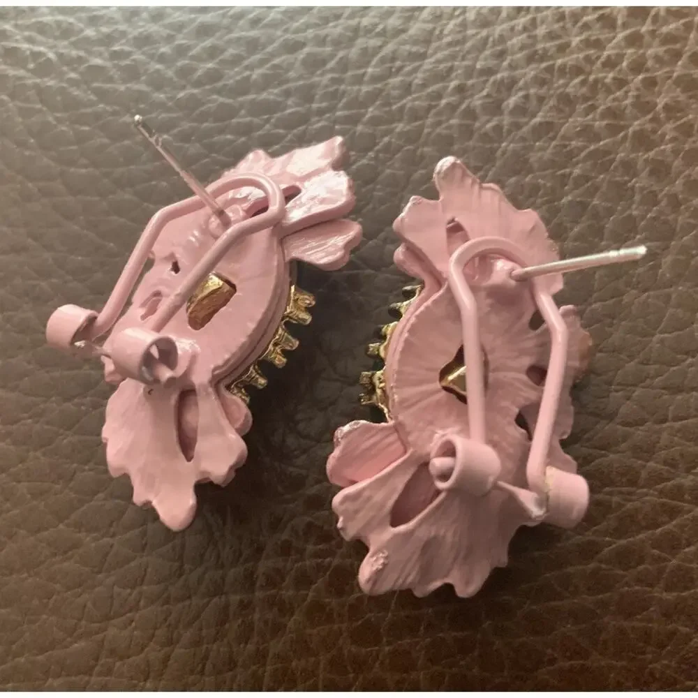 Art Deco Museum Flower Earrings Antique Pink Half Stud Boho VTG Retro Gold Pink